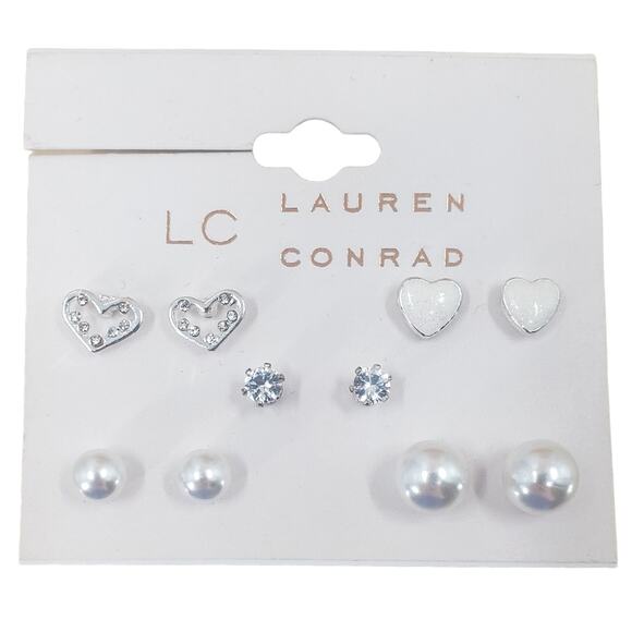 3/15 LC Lauren Conrad Earrings 5 Pairs Silver-tone Rhinestone Pearl Hearts - Picture 3 of 3